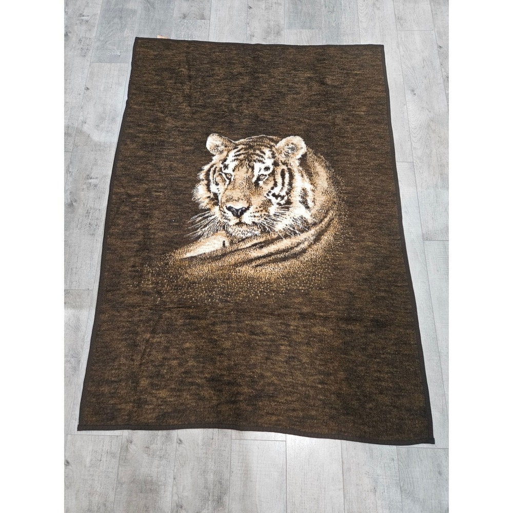 Vintage Biederlack West Germany Tiger Reversible Plush Blanket Brown Cream 76x53